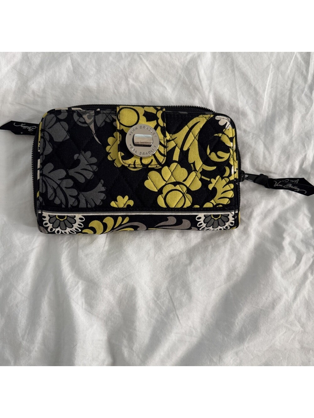 Vera Bradley Baroque Turnlock Wallet Organizer Black White Yellow Floral Retired
